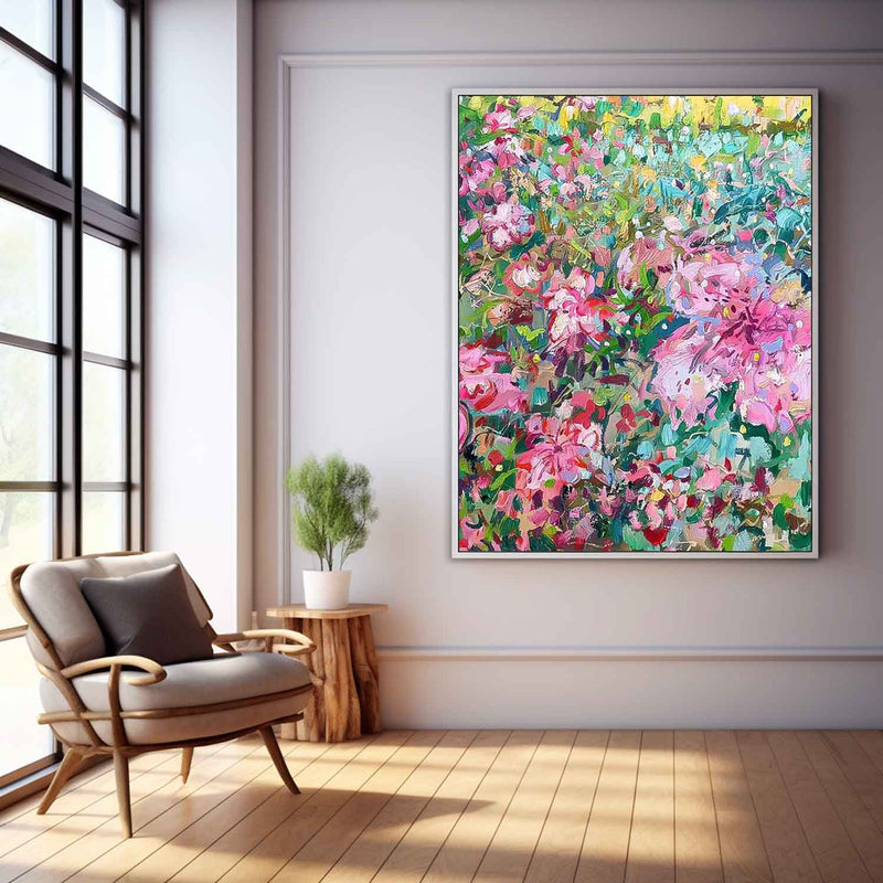 Pink Floral Green leaves Abstract Acrylic Wall Art Custom Painting On Canvas For Living Room