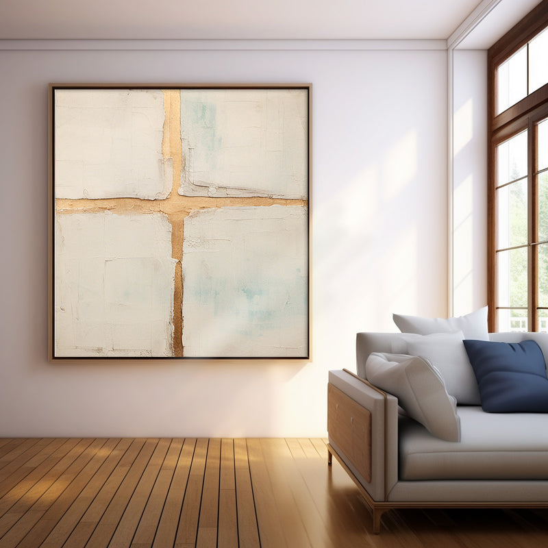 Square Beige And Gold Modern Minimalist Canvas Painting Acrylic Large Abstract Golden Cross Wall Art Framed Wall Decor