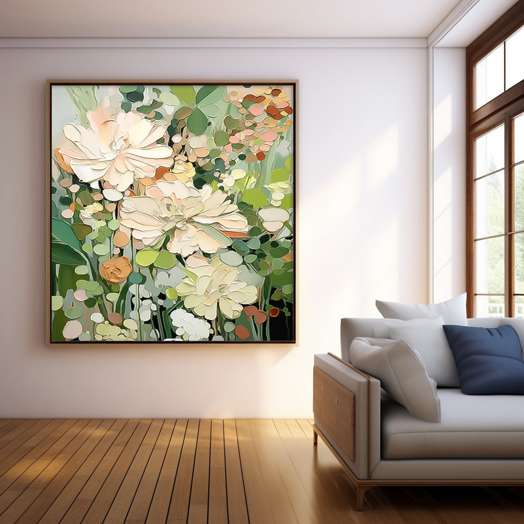 Square Contemporary Floral Painting Extra Large Textured Abstract Flower Paintings Framed Artwork