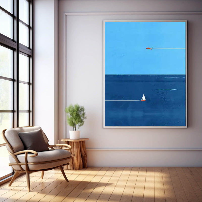 Blue Minimalist Canvas Oil Painting Large Maritime Abstract Acrylic Painting Original Living Room Wall Art