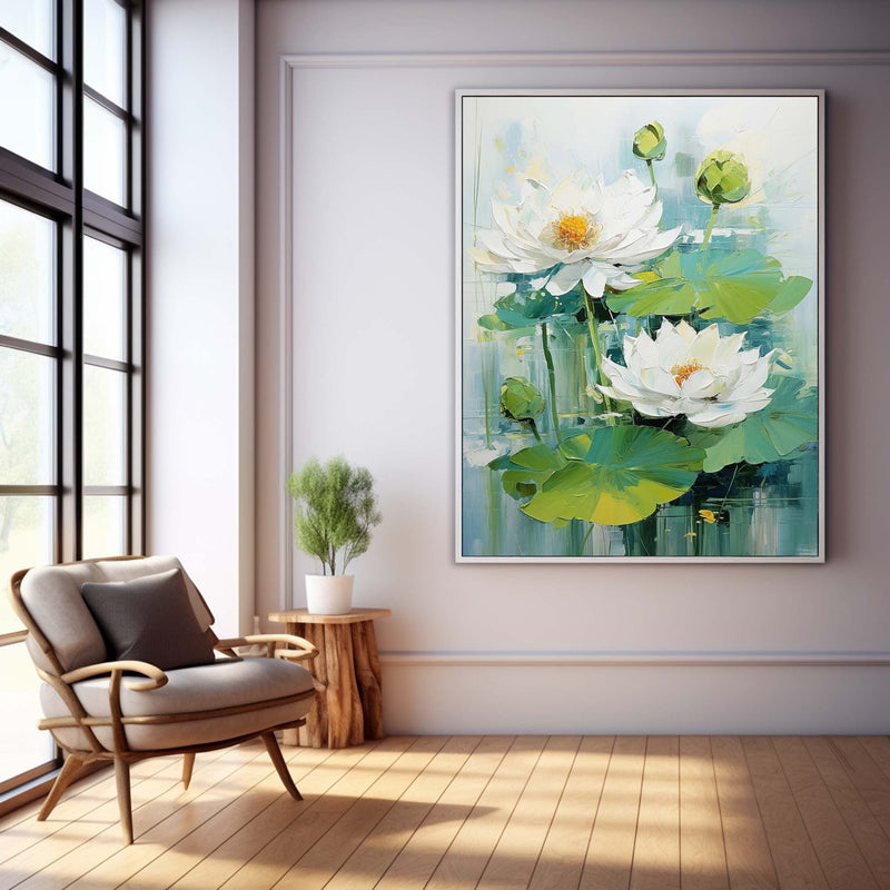 Lotus Painting Framed Large White Flower Wall Art Abstract Flower Acrylic Painting Textured Floral Painting