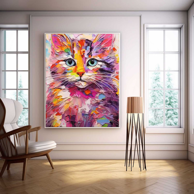 Vibrant Color Cat Oil Painting Modern Colorful Texture Animal Oil Painting Impressionist Kitty Wall Art