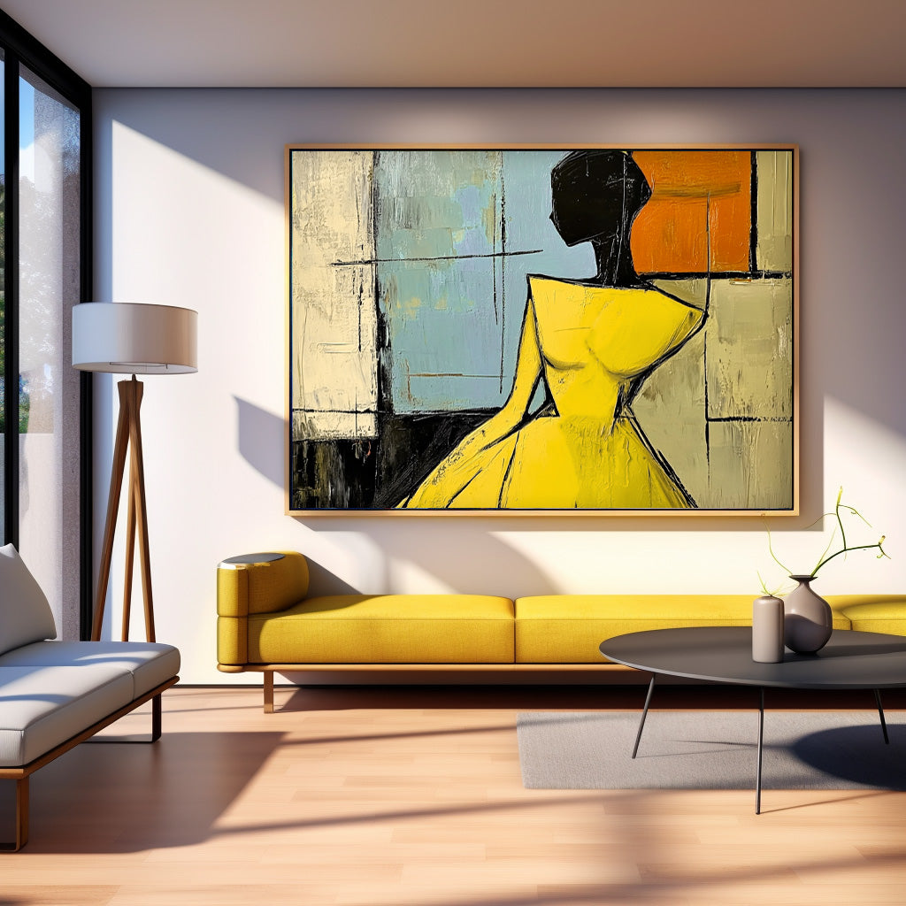Modern Minimal Abstract Lady Oil Painting Contemporary Horizontal Wall Art Yellow Figure Contour Home Decor 