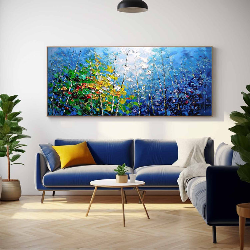 Large Wall Art Blue Forest Textured Floral Acrylic Painting Original Modern Impasto Painting On Canvas