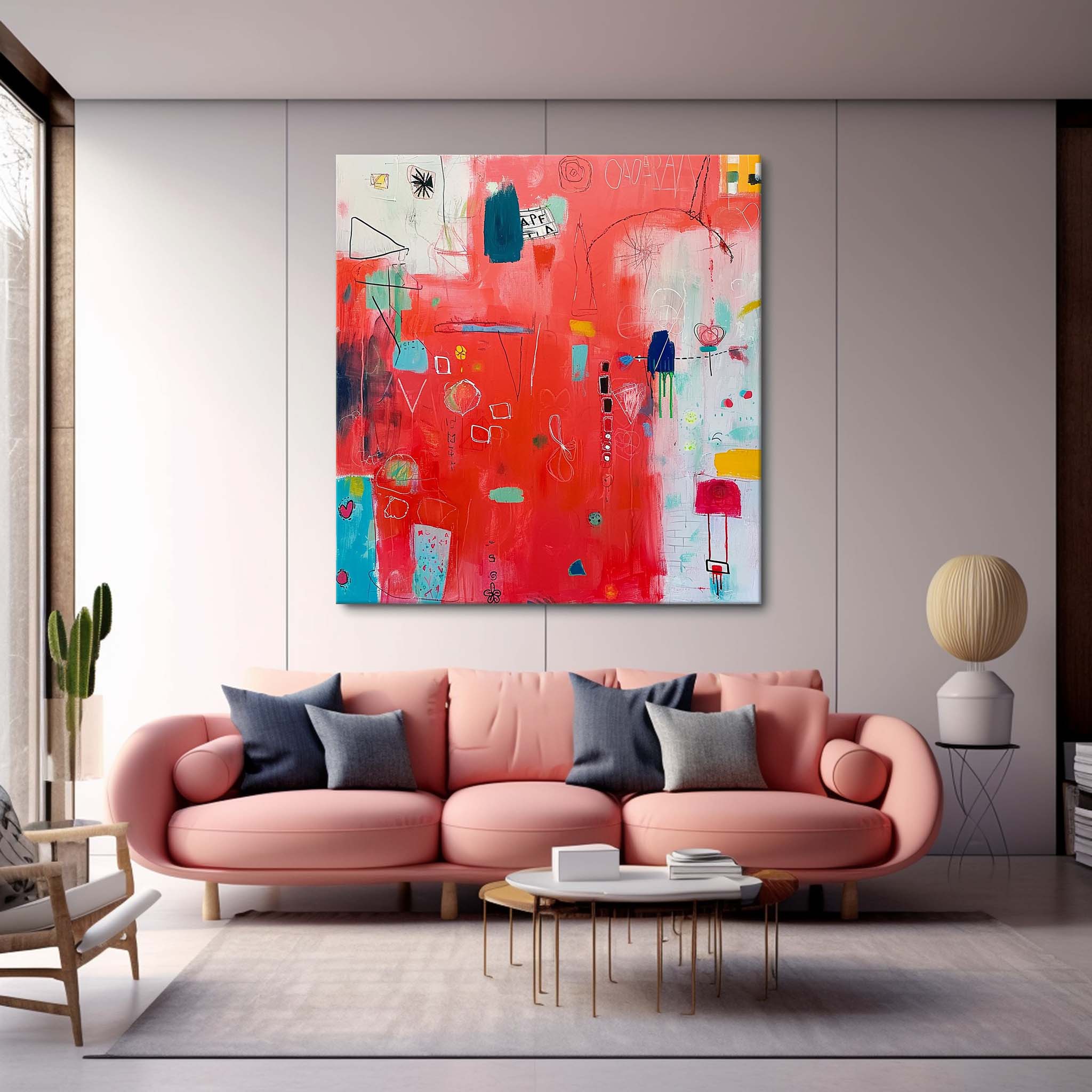 New Red Abstract Painting Contemporary Abstract Oil Painting Funny Doodles Original Wall Art Home Decor