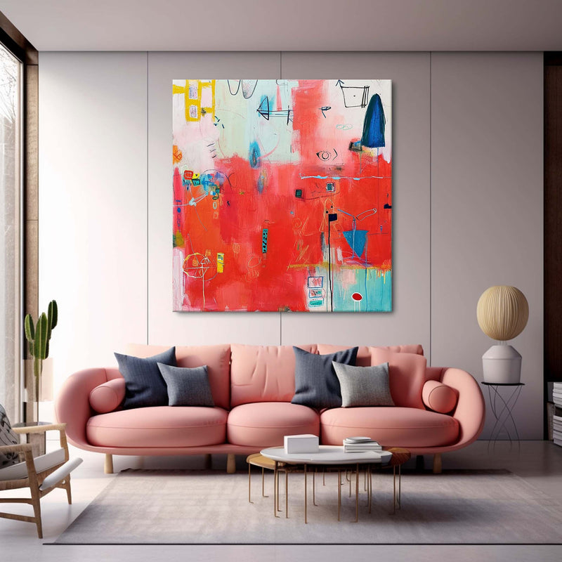 Contemporary Abstract Oil Painting Funny Doodles Original Wall Art New Red Abstract Painting Home Decor