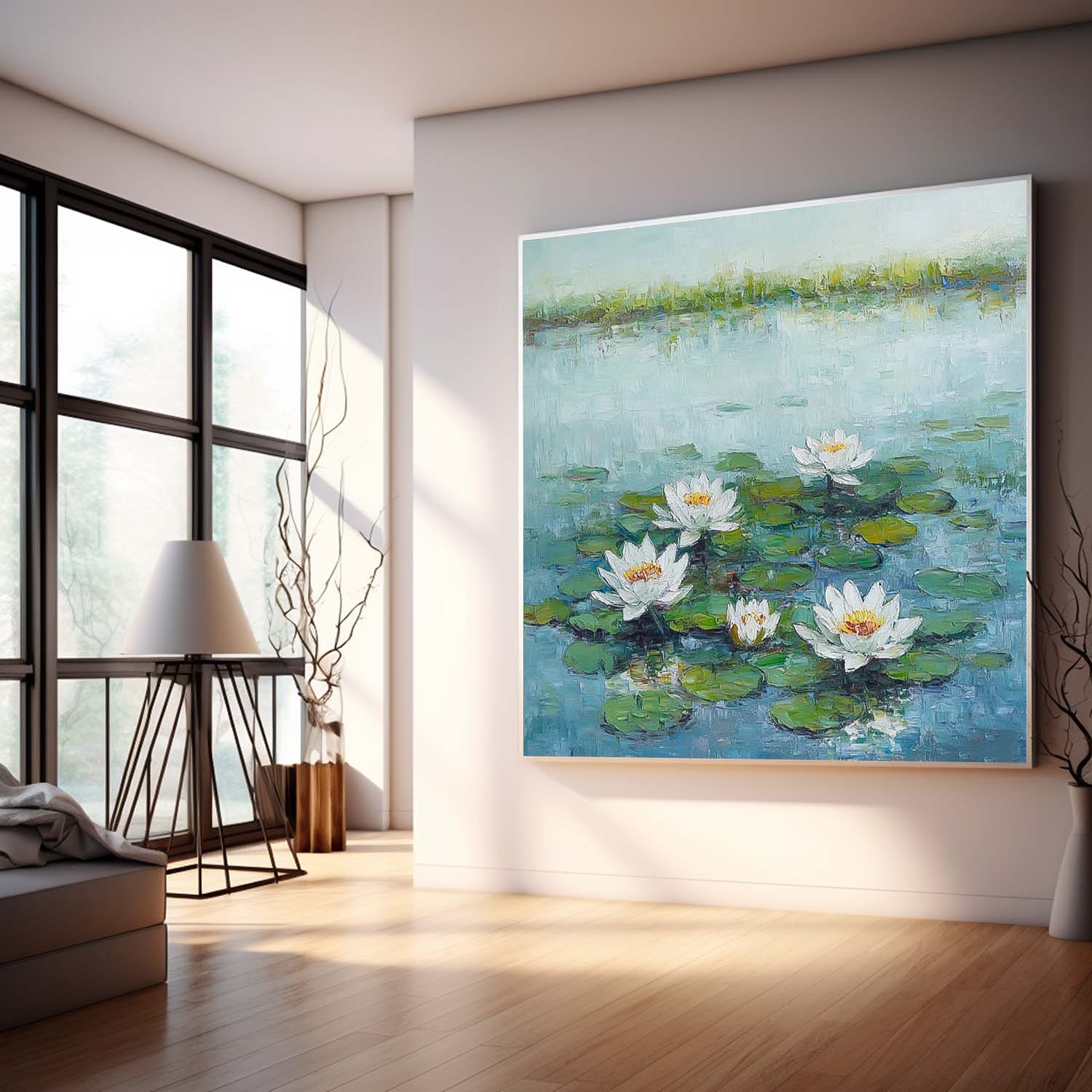 Large Textured Abstract Flower Paintings Square Contemporary White Lotus Floral Painting Original Artwork