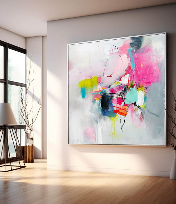 Bright Abstract Wall Art Framed Acrylic Large Square Modern Abstract Painting For Sale