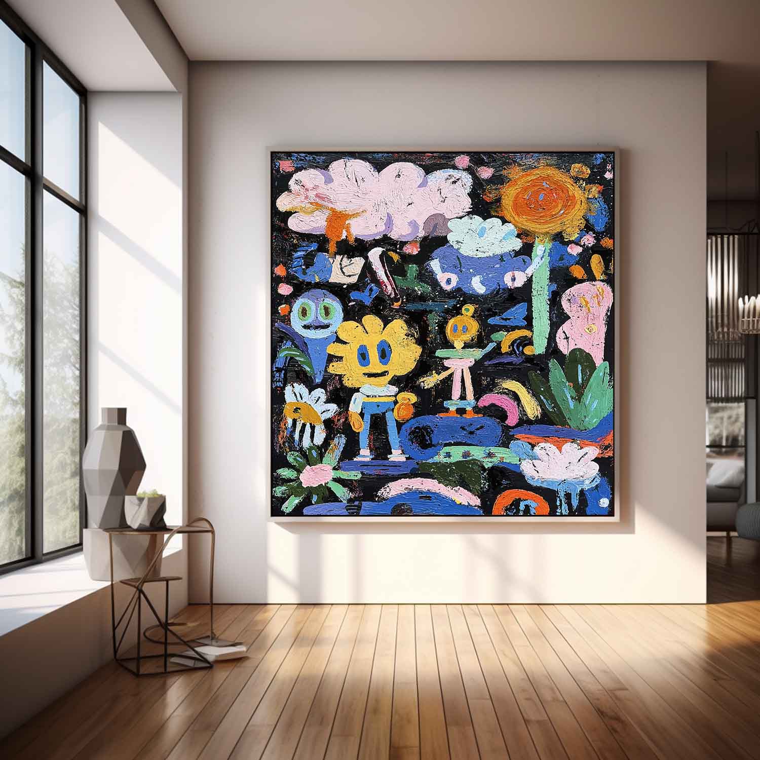 Colorful Doodle Impasto Oil Painting Whimsical Pop Art Vibrant Sun & Flower Abstract Playful Texture Artwork