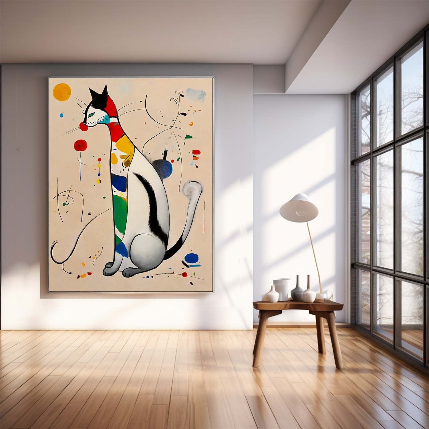 Modern Cat Oil Painting Framed Artwork Surreal Joan Miró Style Abstract Cat Oil Painting Large Cat Pop Art