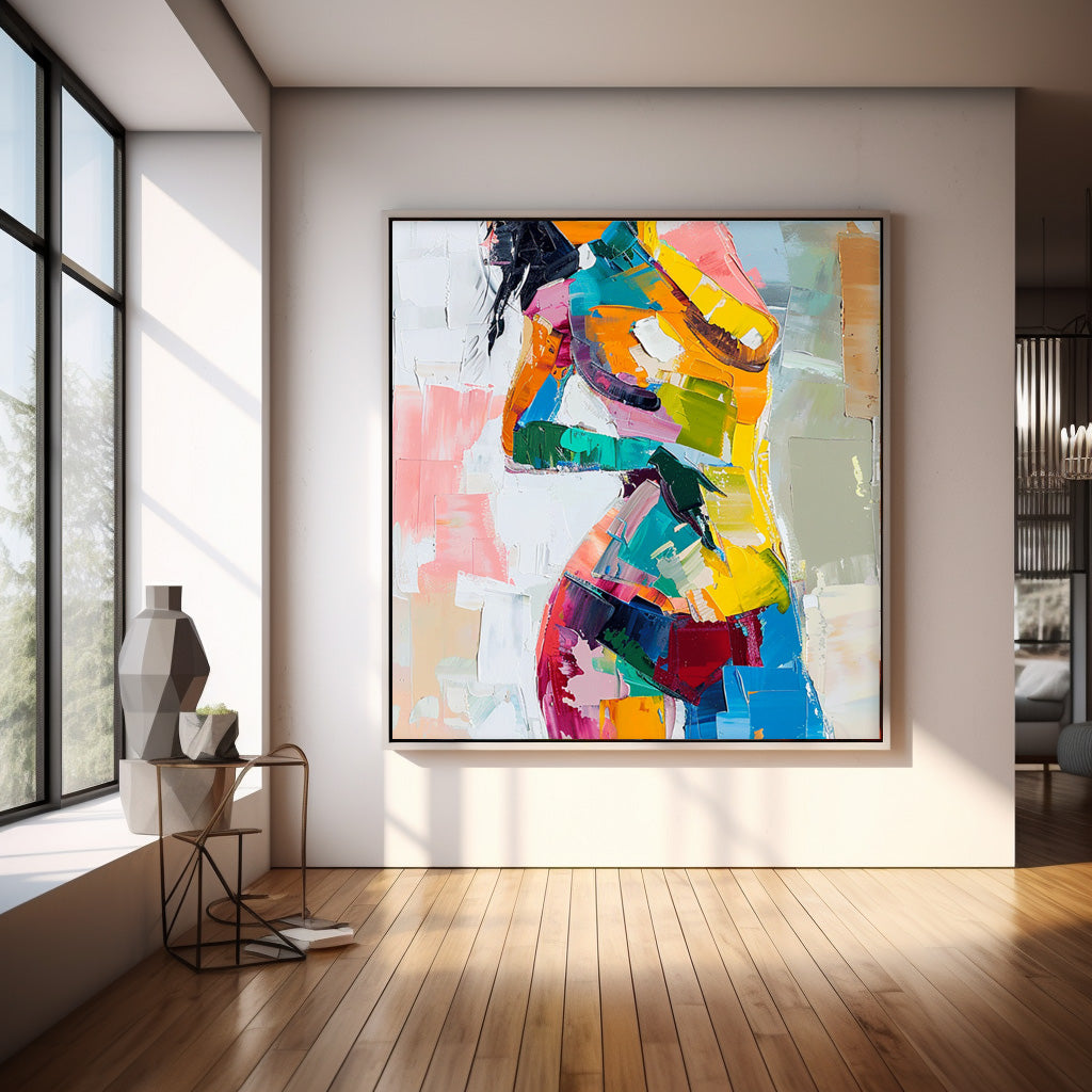 Bright Color Abstract Wall Art Square Sexy Girl Original Texture Acrylic Painting Canvas Large Artwork