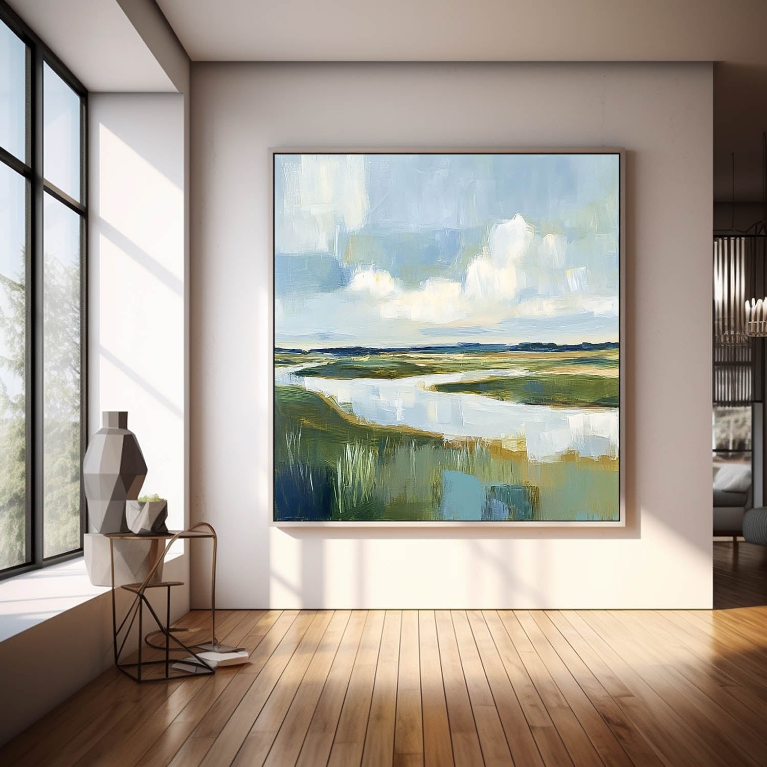 Abstract Lake Landscape Oil Painting Large Blue Texture Wall Art Framed Green Countryside Landscape Artwork