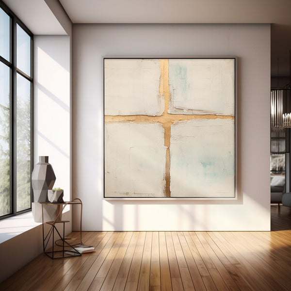 Square Beige And Gold Modern Minimalist Canvas Painting Acrylic Large Abstract Golden Cross Wall Art Framed Wall Decor
