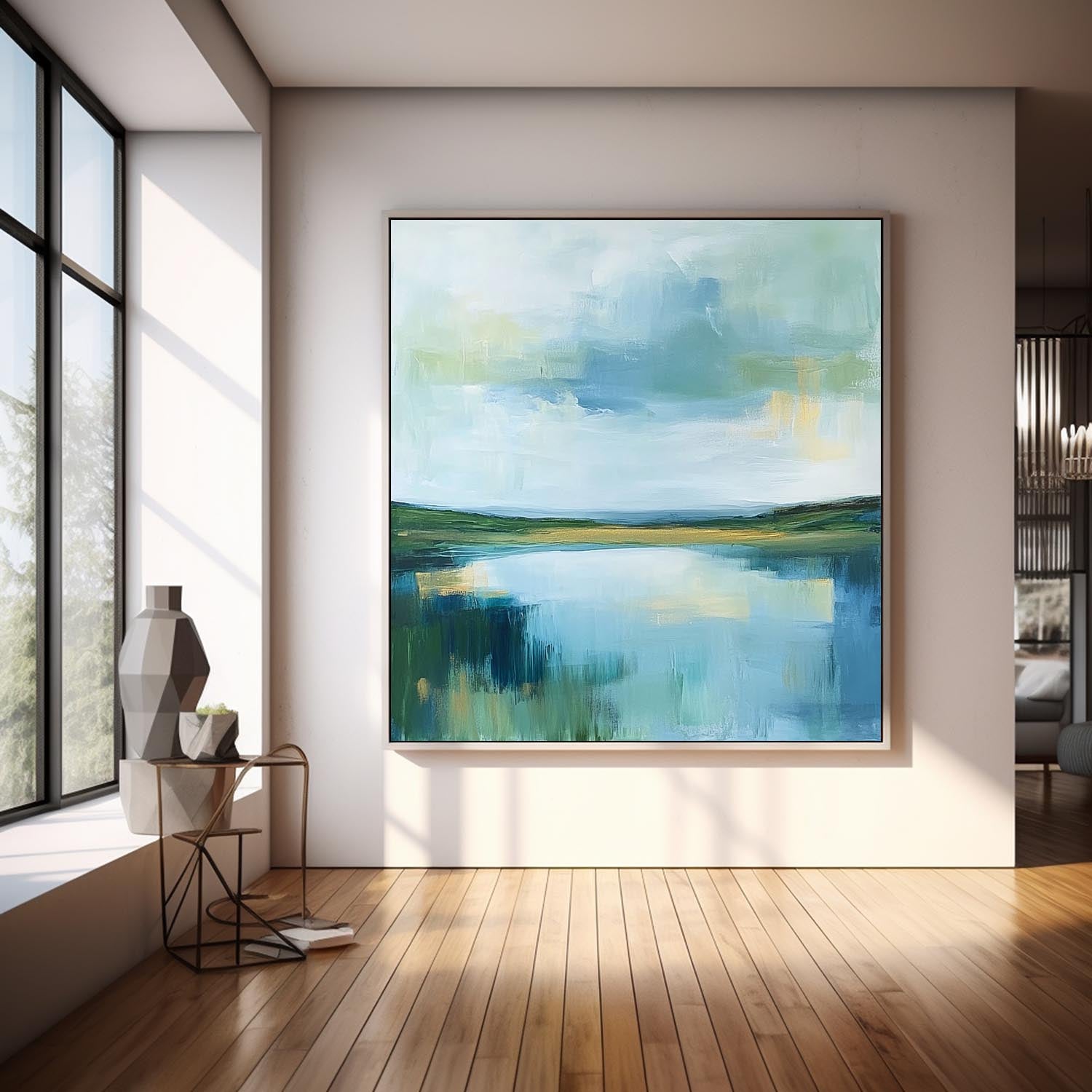 Green Countryside Landscape Artwork Large Blue Texture Wall Art Framed Abstract Lake Landscape Oil Painting