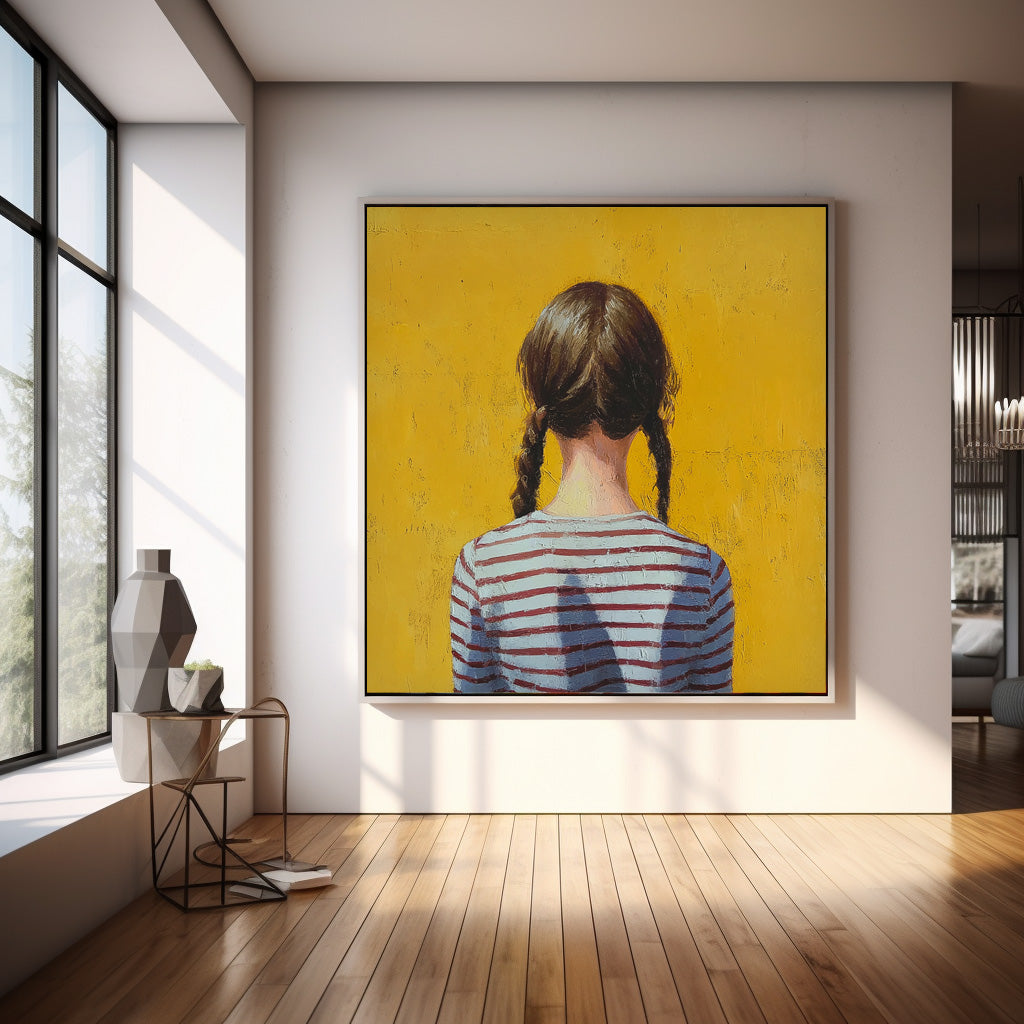 Minimalist Child Back View Painting Original Yellow Wall Art Abstract Twin-Tailed Girl Art For Living Room