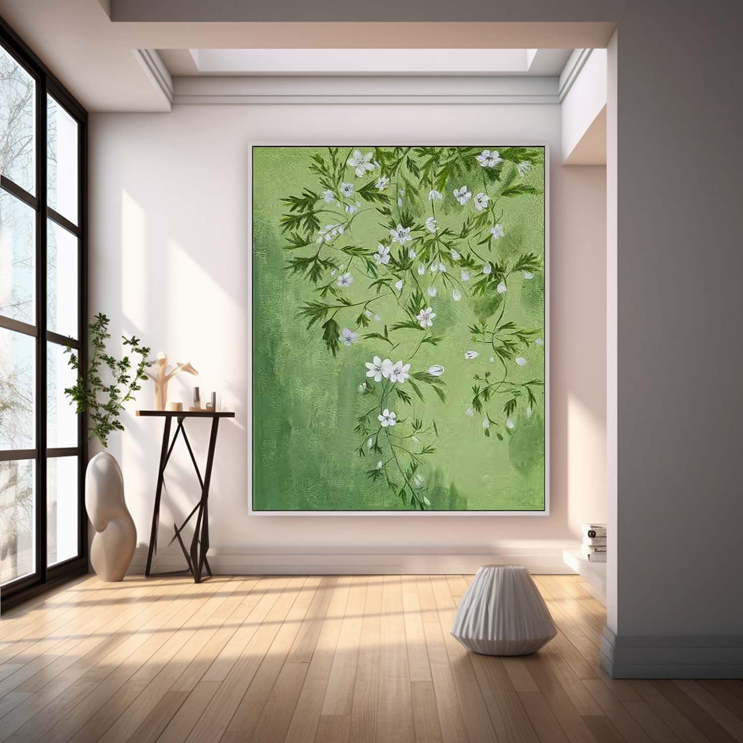 Green Leaves And White Flower Oil Painting On Canvas Big Original Beautiful Flowers Artwork Framed