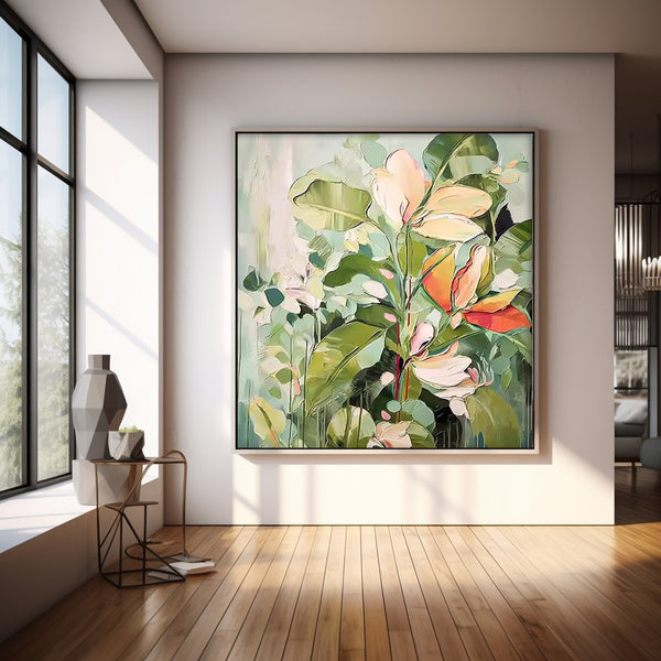 Square Green Acrylic Painting Lovely Original Flowers Abstract Wall Art Modern Floral Oil Painting On Canvas