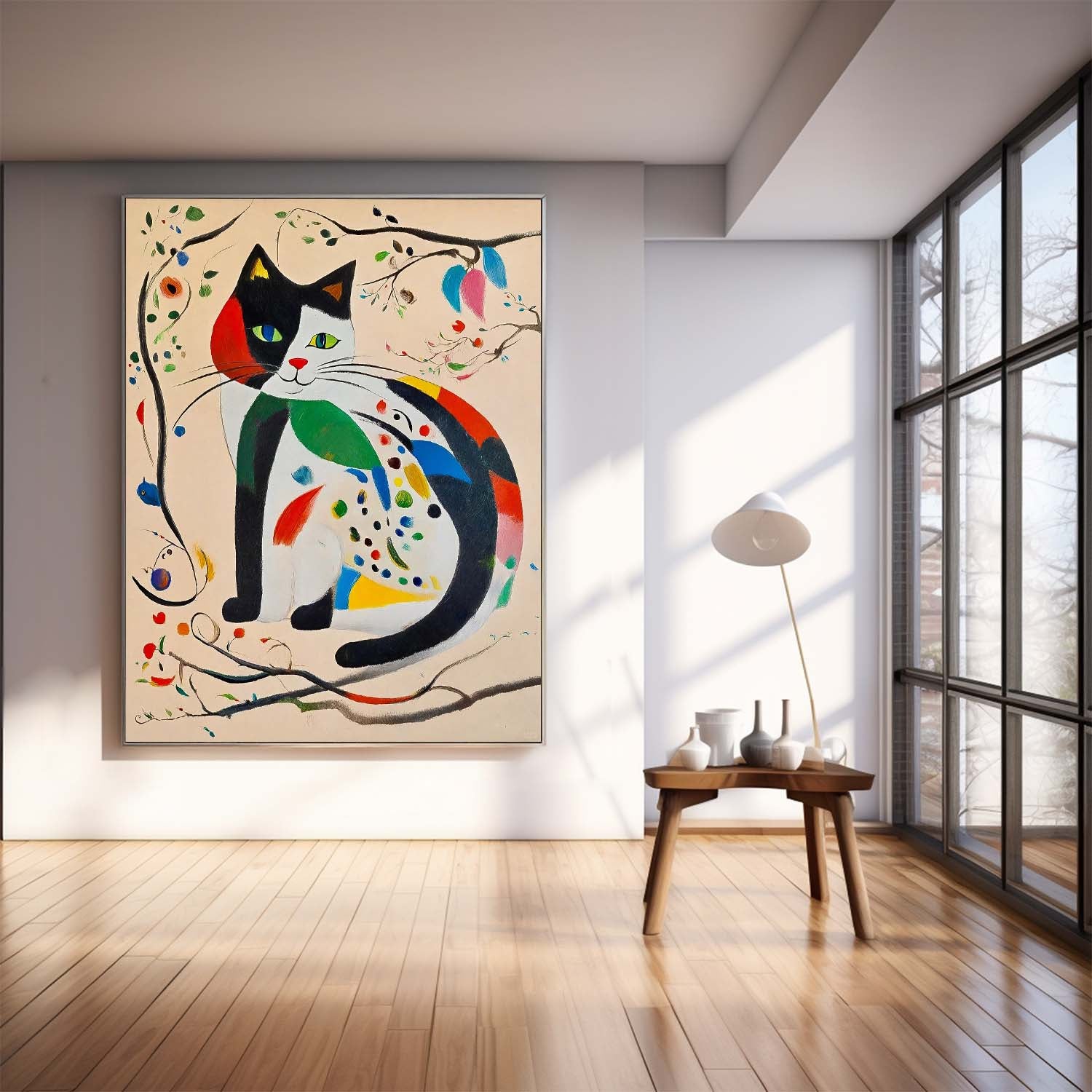 Modern Cat Oil Painting Framed Artwork Joan Miró Style Abstract Cat Childlike Oil Painting Large Cat Pop Art