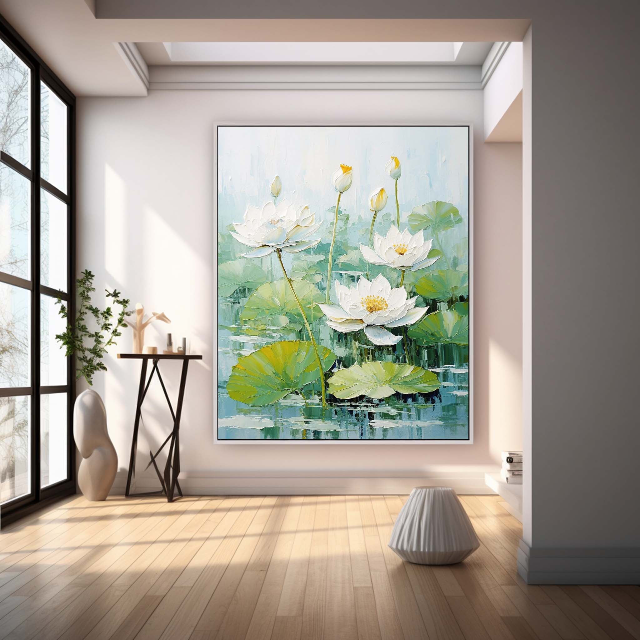 Impressionism Lotus Leaves And White Lotus Flowers Painting Framed Large Floral Textured Abstract Acrylic Wall Art
