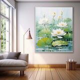 Impressionism Lotus Leaves And White Lotus Flowers Painting Framed Large Floral Textured Abstract Acrylic Wall Art