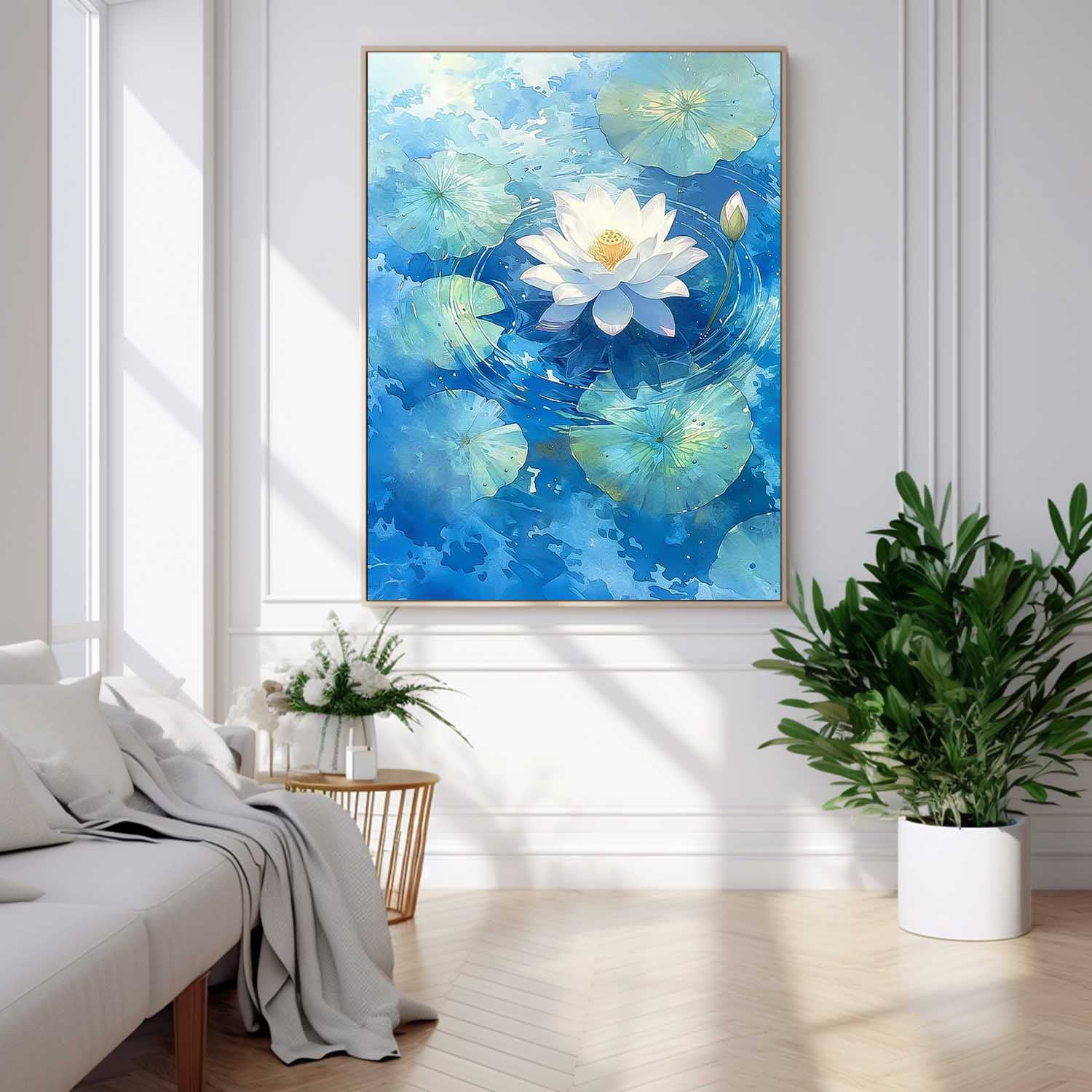 Abstract Lotus Flower Oil Painting On Canvas Big Original Texture Beautiful Blue Artwork Framed Home Decor