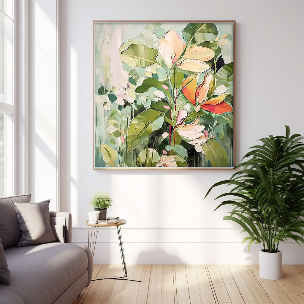 Square Green Acrylic Painting Lovely Original Flowers Abstract Wall Art Modern Floral Oil Painting On Canvas