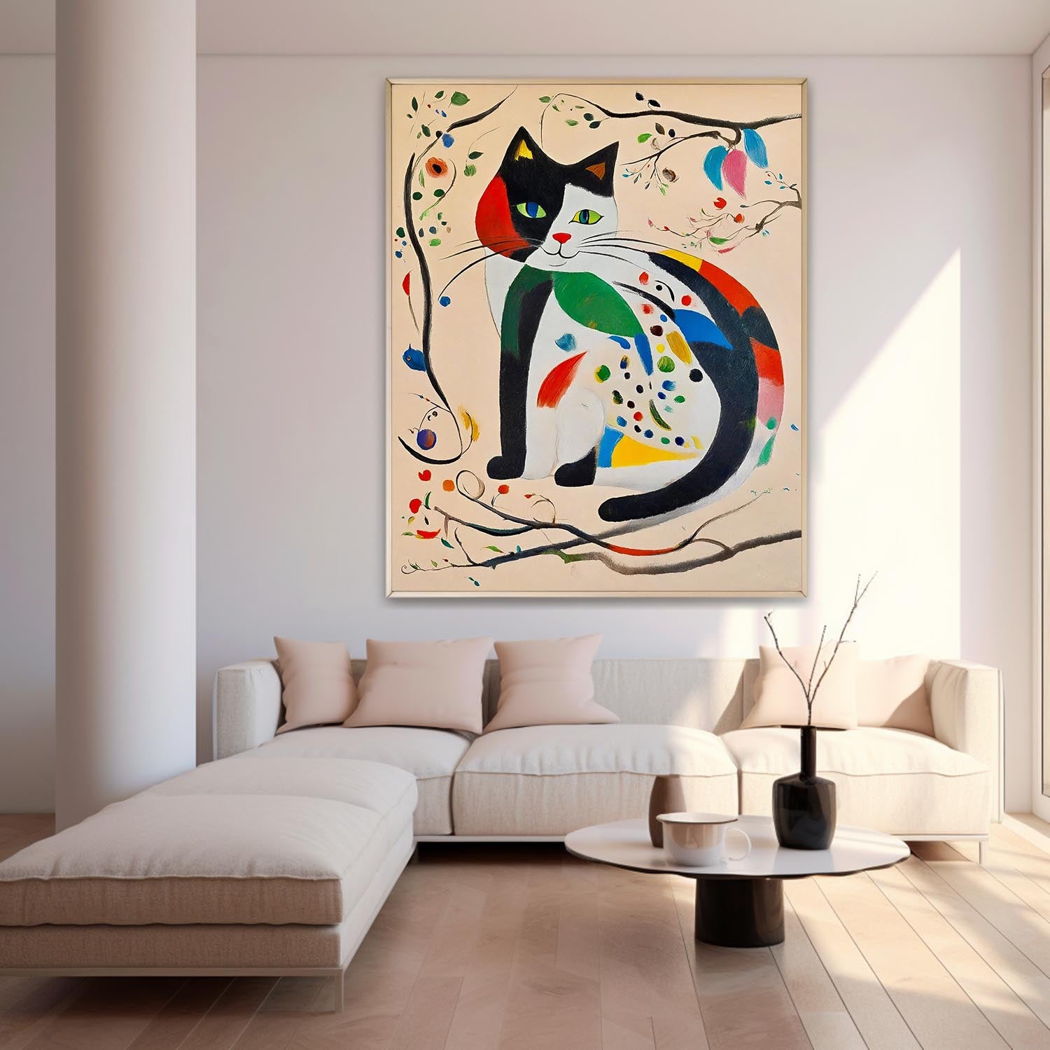 Modern Cat Oil Painting Framed Artwork Joan Miró Style Abstract Cat Childlike Oil Painting Large Cat Pop Art