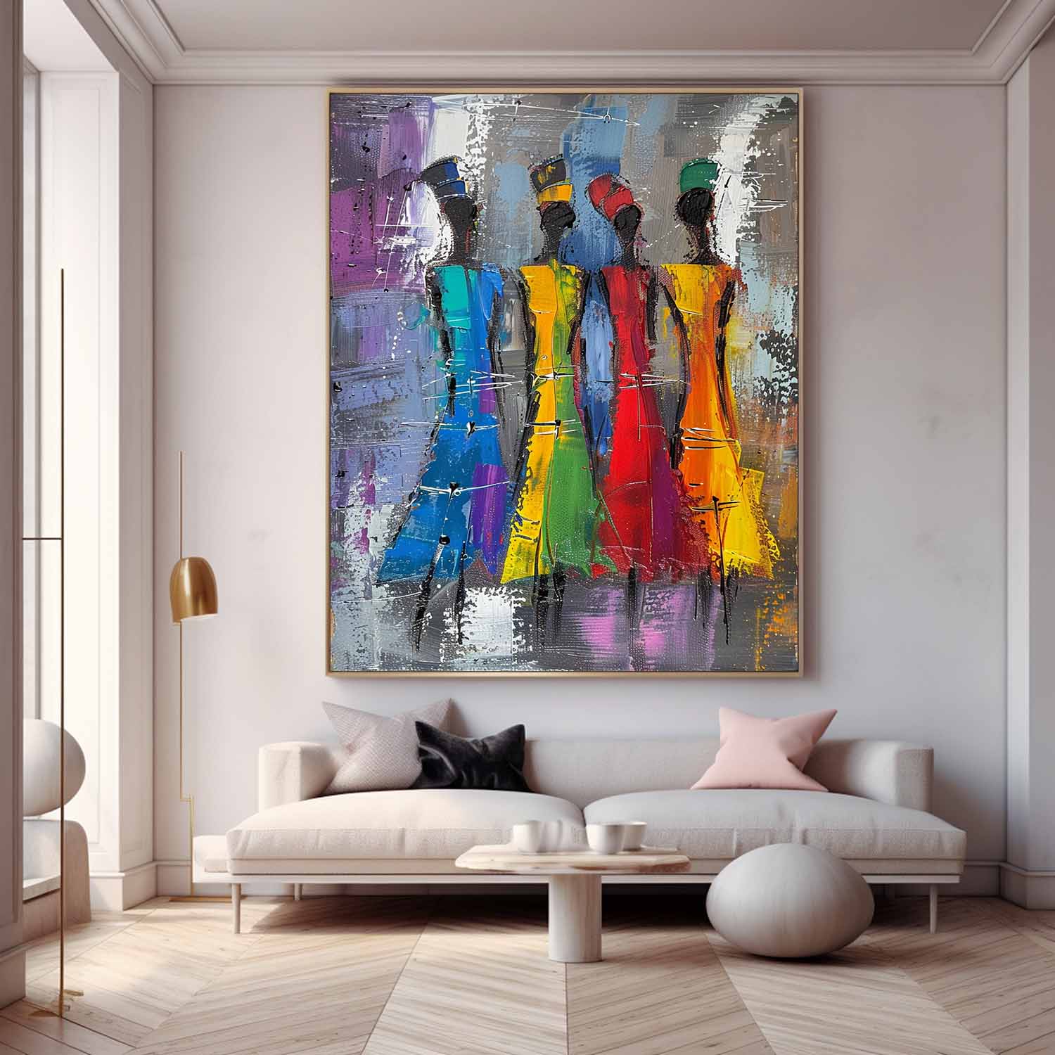 Original Modern Wall Art Colorful Four Women Silhouettes Painting Big Multicolor Girl Painting Framed