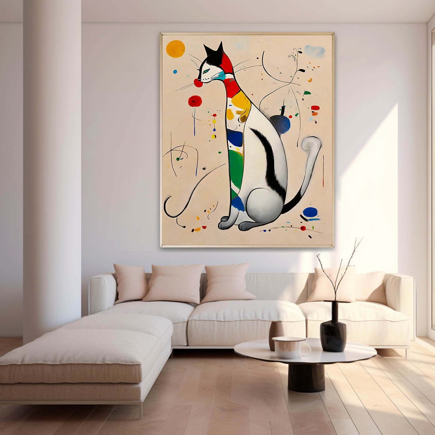 Modern Cat Oil Painting Framed Artwork Surreal Joan Miró Style Abstract Cat Oil Painting Large Cat Pop Art