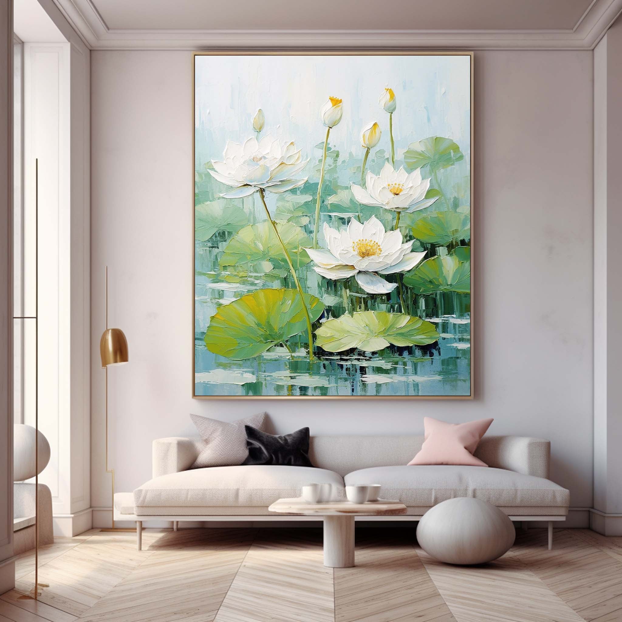 Impressionism Lotus Leaves And White Lotus Flowers Painting Framed Large Floral Textured Abstract Acrylic Wall Art