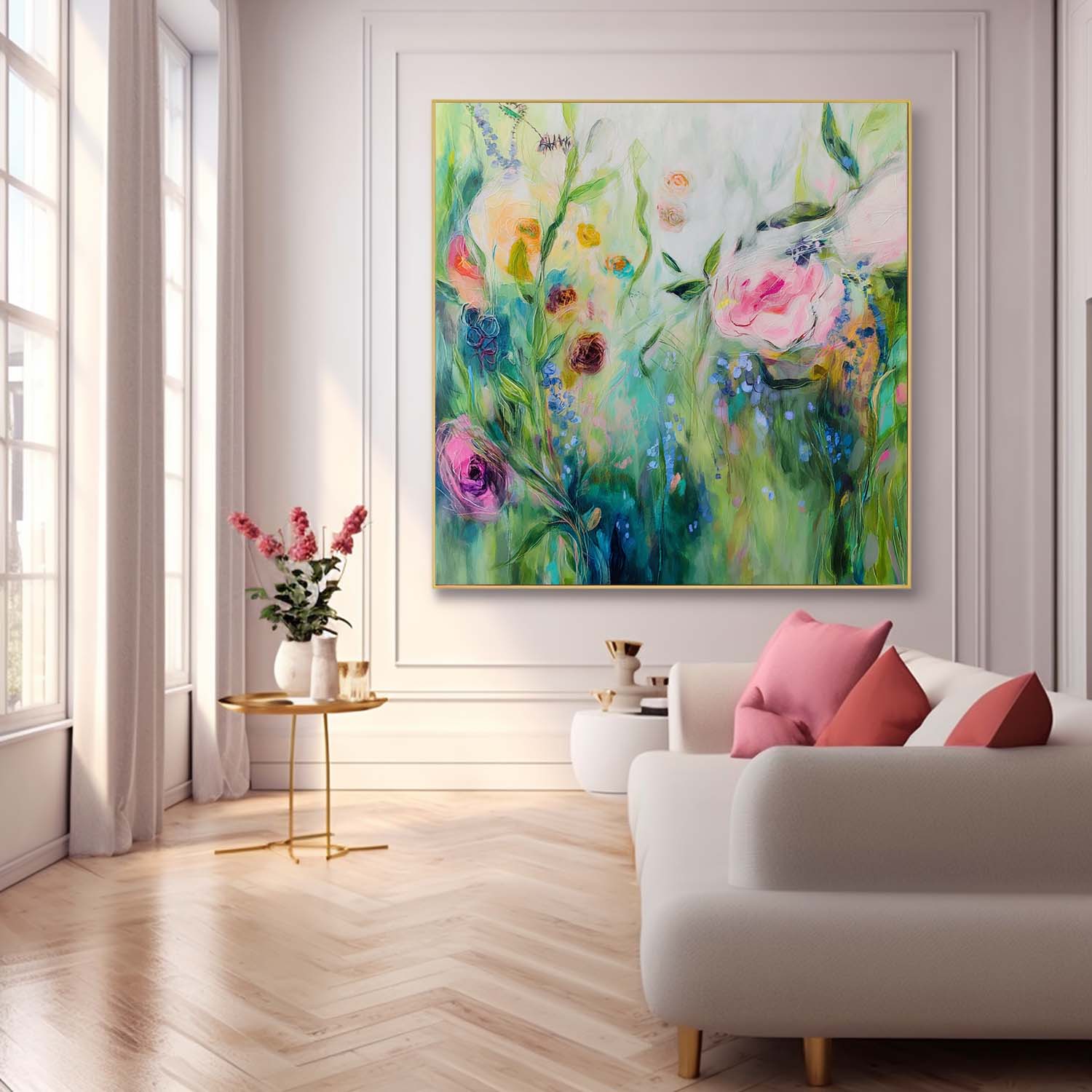 Large Flowers Acrylic Painting Canvas Original Floral Artwork Square Abstract Flowers Art For Living Room