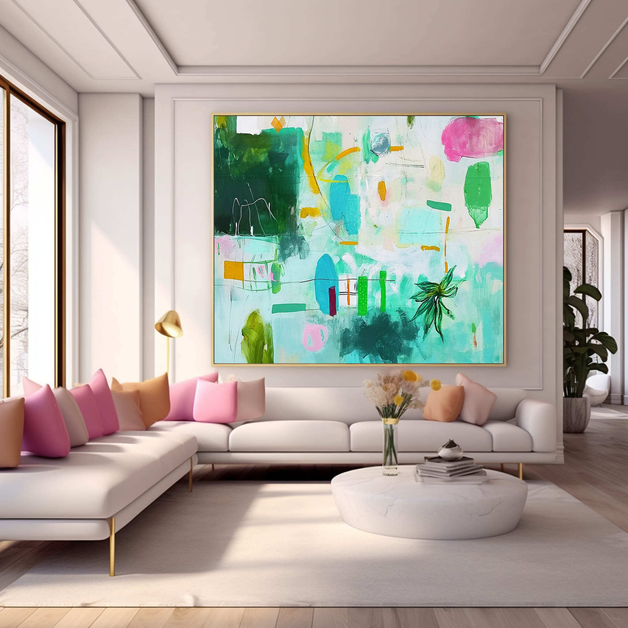 Green Canvas Painting Acrylic Modern Abstract Wall Art Framed Bright Wall Decor
