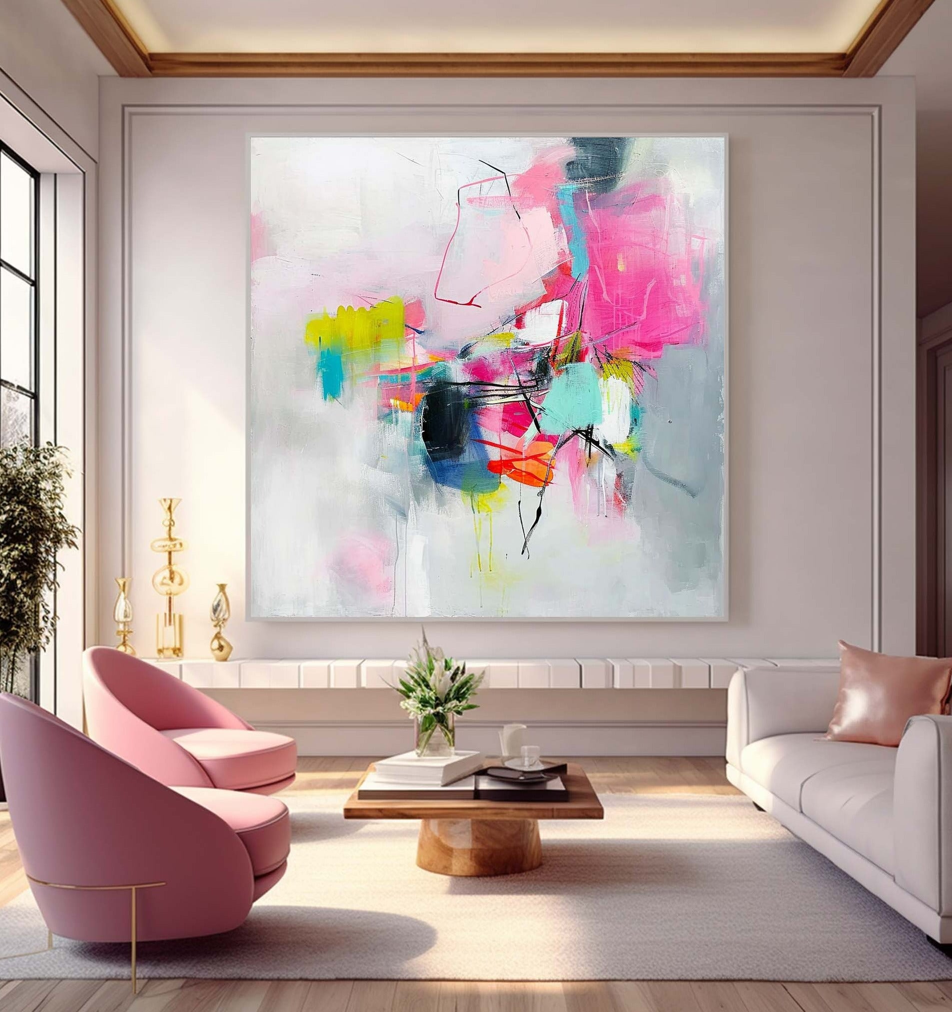 Bright Abstract Wall Art Framed Acrylic Large Square Modern Abstract Painting For Sale