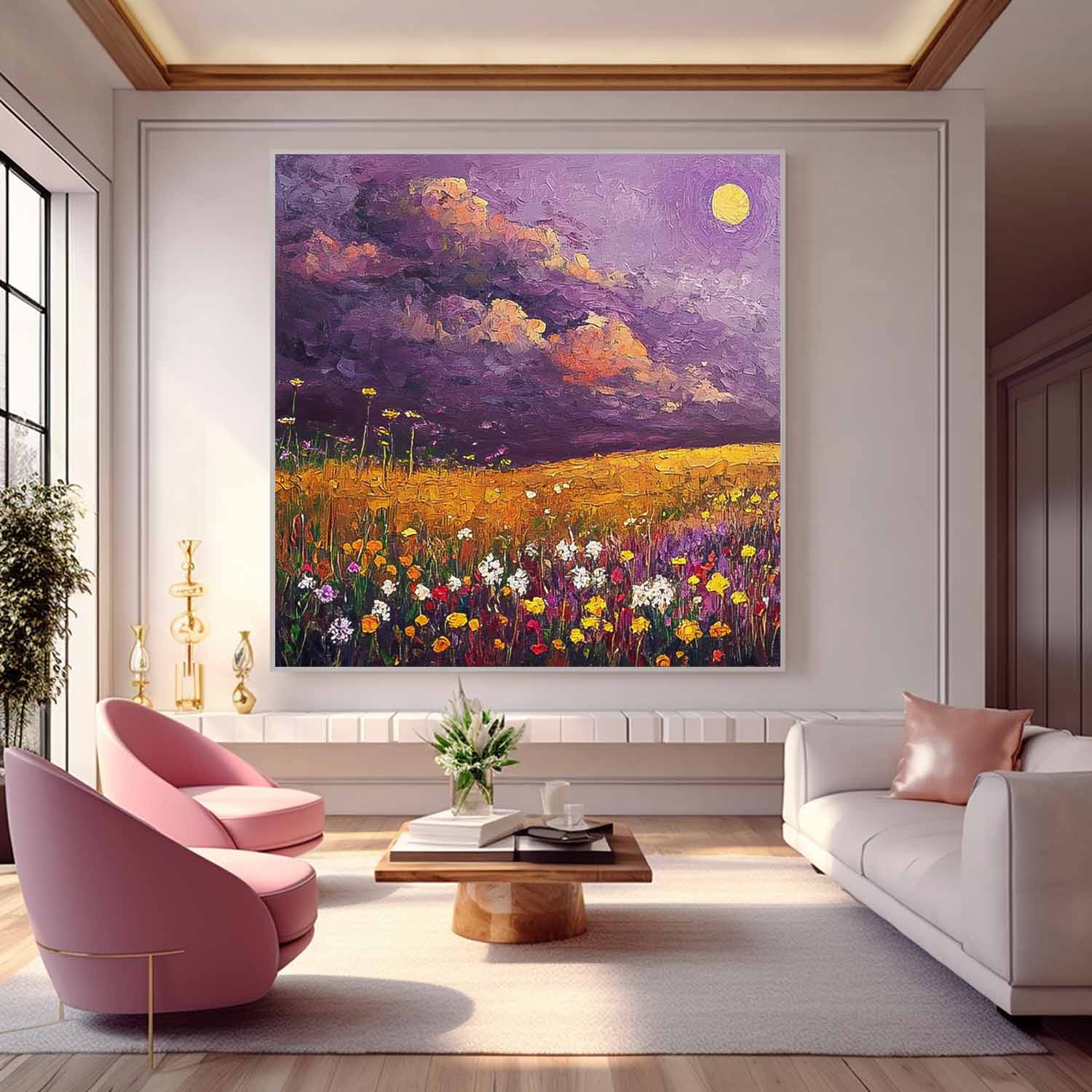Original Landscape Oil Painting Large Spring Wall Art Abstract Purple Scenery Painting Living Room Decor