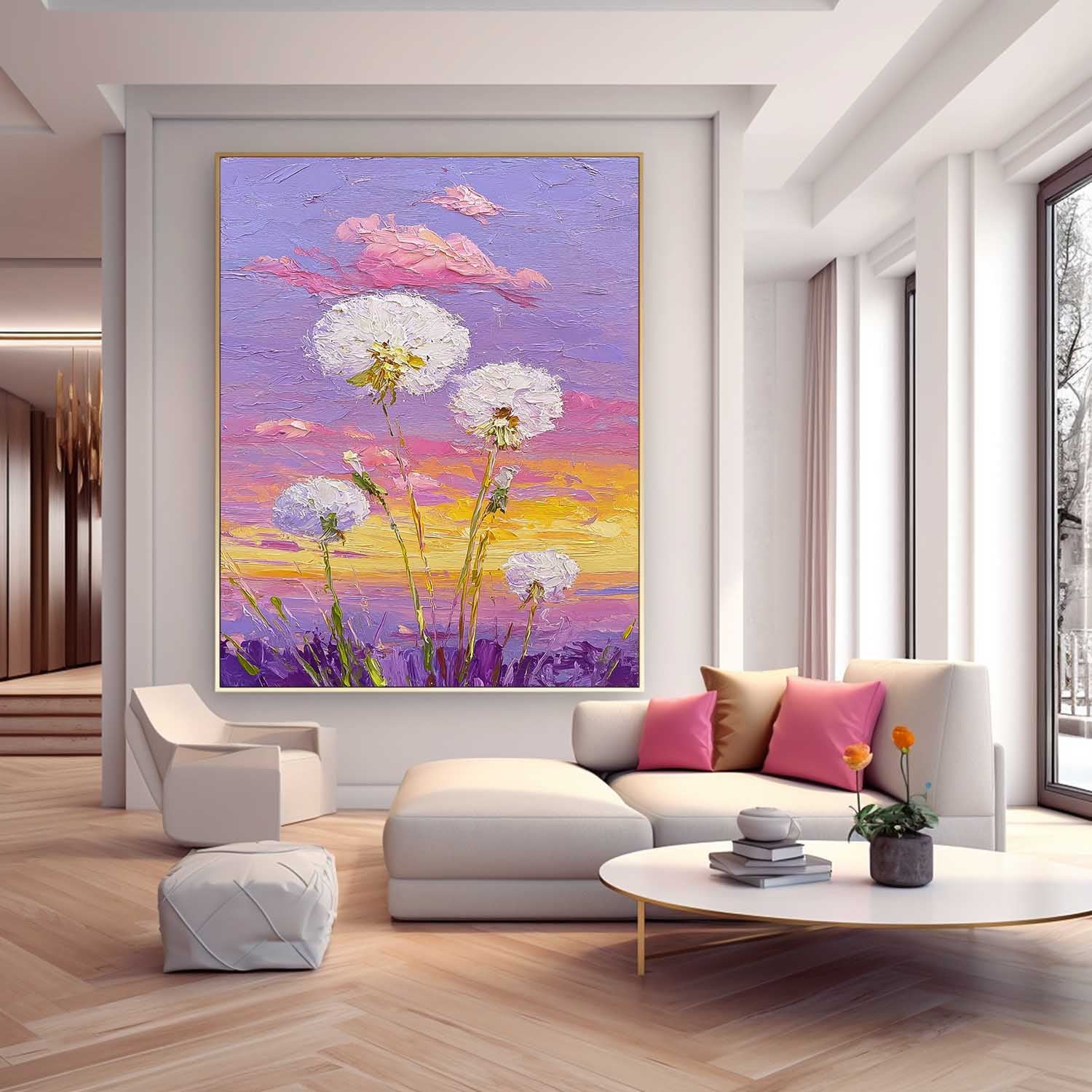 Vertical Dandelion Wall Art Textured Purple Sunset Oil Painting Vibrant Meadow Floral Art Decor