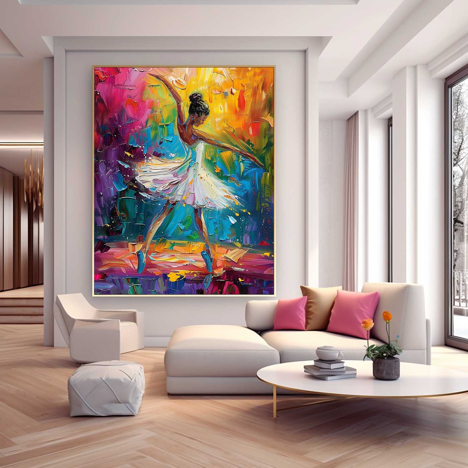 Large Multicolor Girl Painting Framed Original Exquisite Ballet Girl Wall Art Colorful Artwork Gift