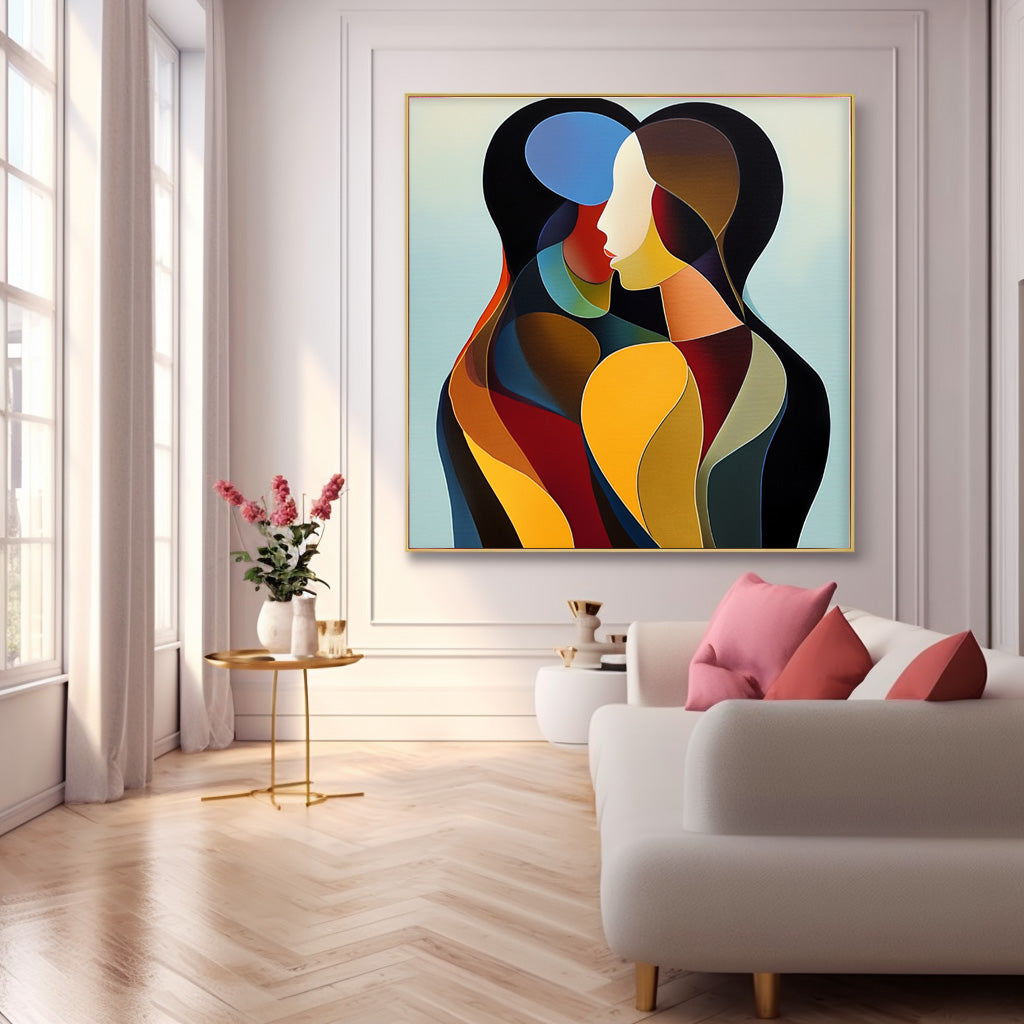 Original Figure Acrylic Painting Canvas Colorful Lovers Abstract Wall Art Square Large Portrait Artwork