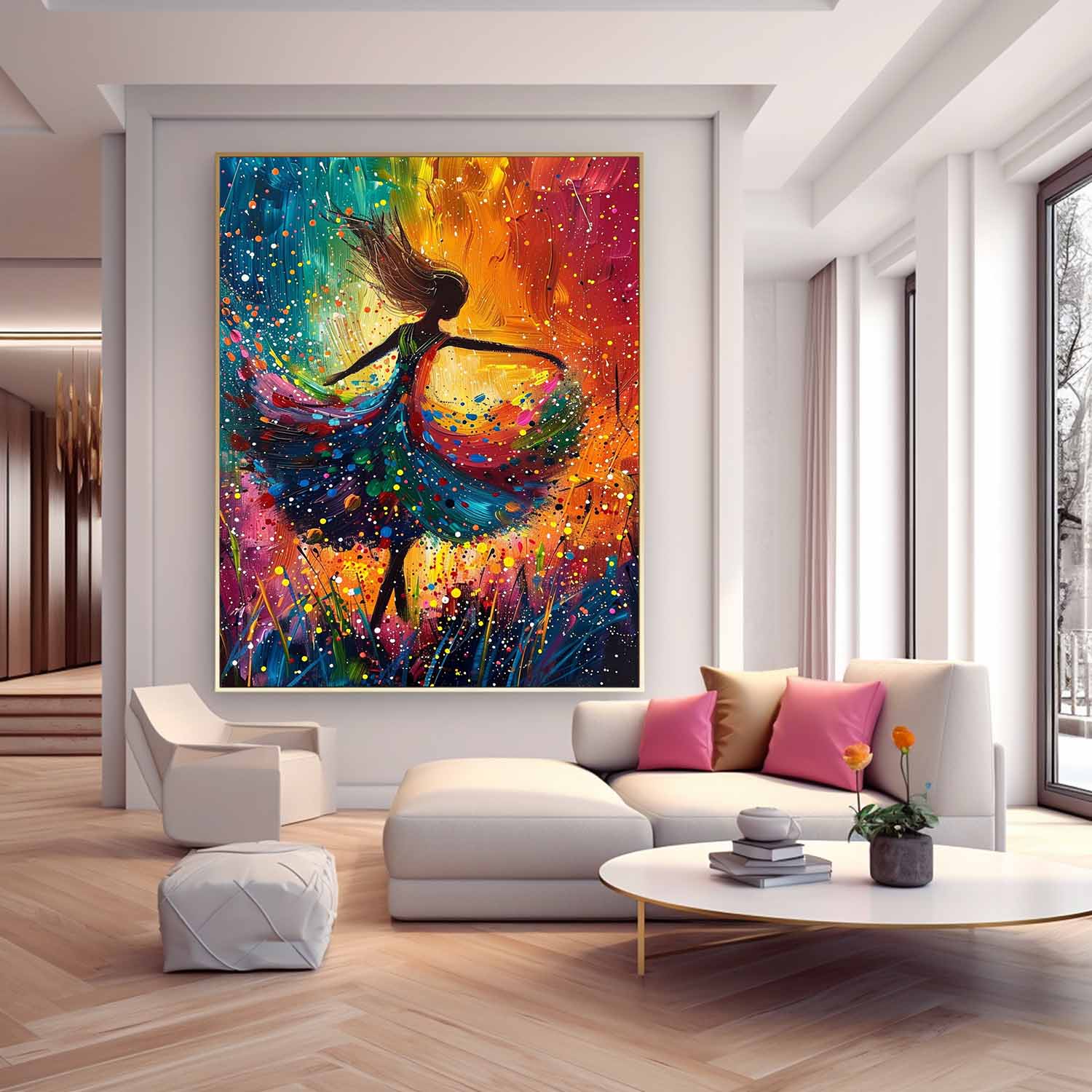 Large Multicolor Portrait Painting Framed Original Exquisite Dancing Girl Wall Art Abstract Colorful Artwork