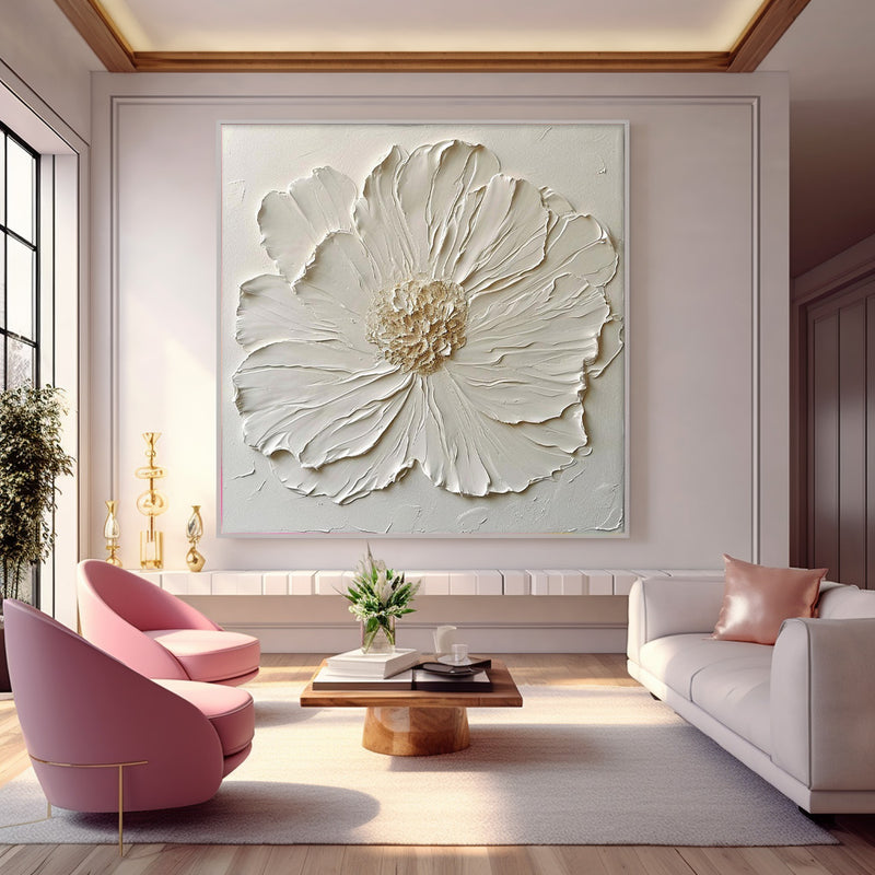 Simple Minimalist Art Original Large Textured Floral  Painting Modern  White Wall Art For Living Room
