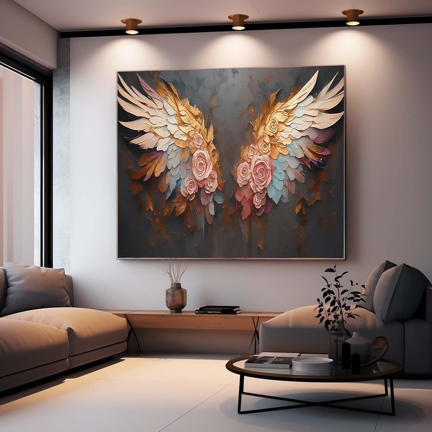 Original Abstract Angel Wing Oil Painting On Canvas Big Wing Flower Boho Artwork For Living Room Decor Gift