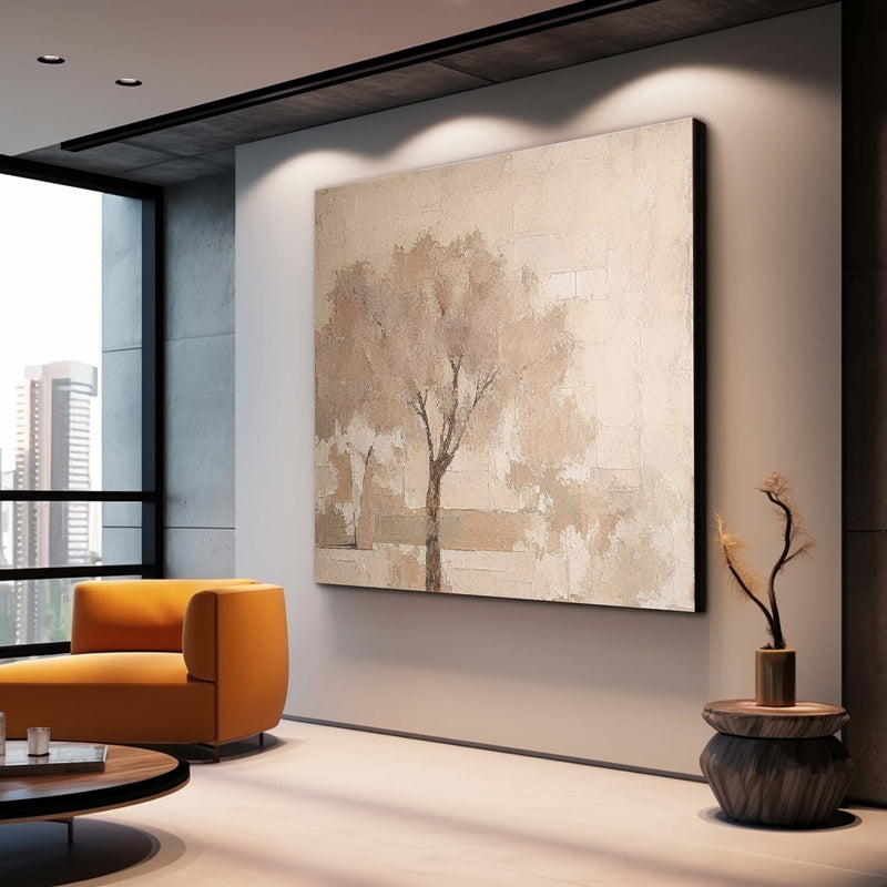 Beige Square Acrylic Painting Canvas Abstract Ink Tree Art Original Painting For Living Room