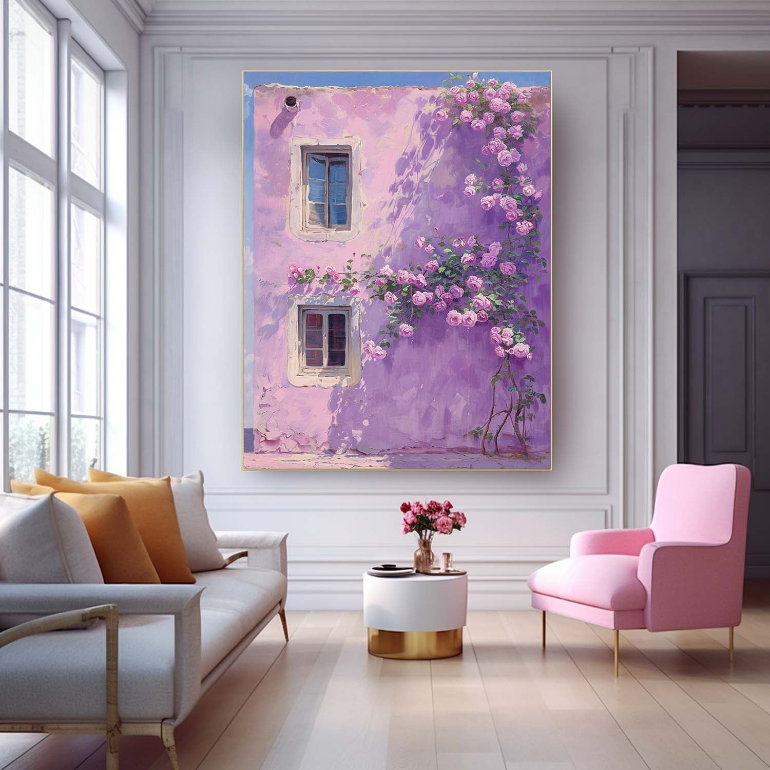 Original Floral Painting Flowers And Purple Building Acrylic Painting Canvas Large Textured Art Home Decor