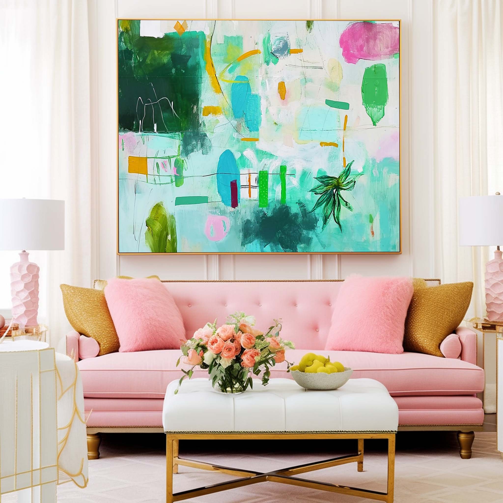 Green Canvas Painting Acrylic Modern Abstract Wall Art Framed Bright Wall Decor