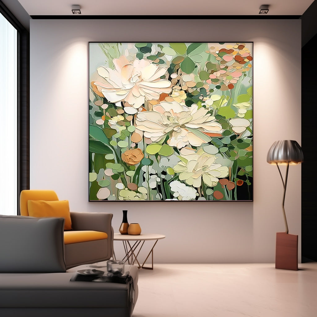 Square Contemporary Floral Painting Extra Large Textured Abstract Flower Paintings Framed Artwork