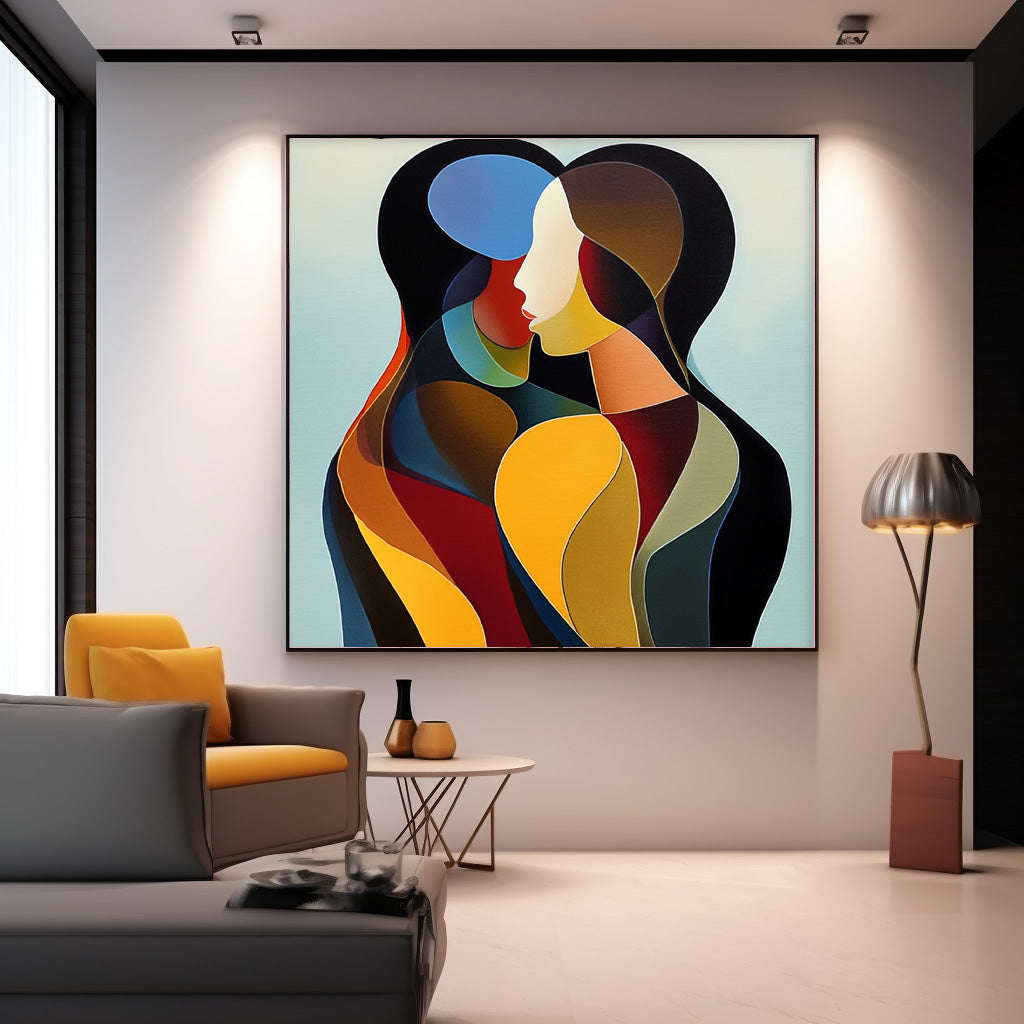 Original Figure Acrylic Painting Canvas Colorful Lovers Abstract Wall Art Square Large Portrait Artwork