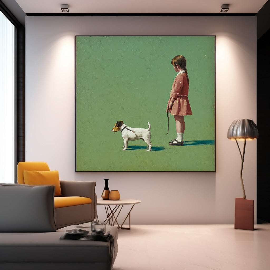 Minimalist Girl Walking The Dog Painting Green Grassland Wall Art Abstract Warm And Peaceful atmosphere