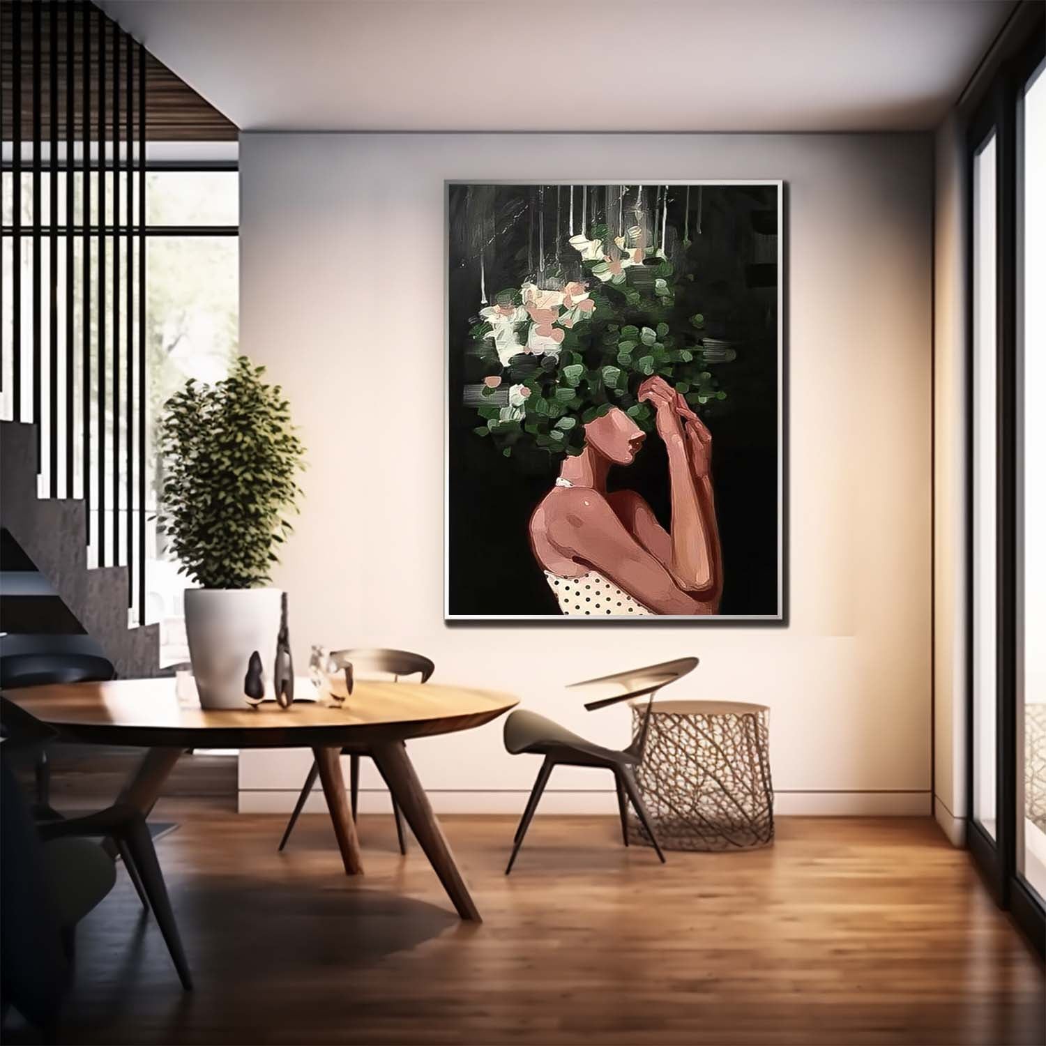 Abstract Lady Painting Woman Face Artwork Large Leaf Faceless Portrait Painting Original Wall Art