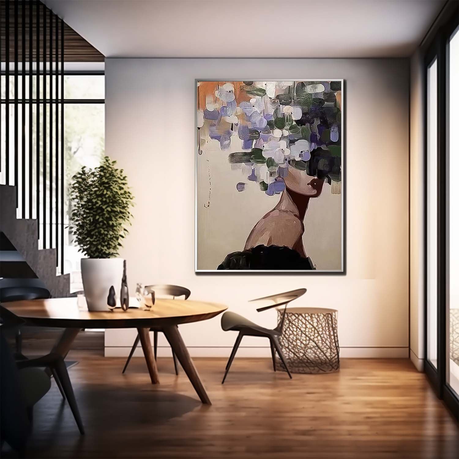 Large Faceless Portrait Artwork Abstract Lady Painting Woman Face Painting Original Flower Figurative Canvas Art Framed Woman Art Home Decor