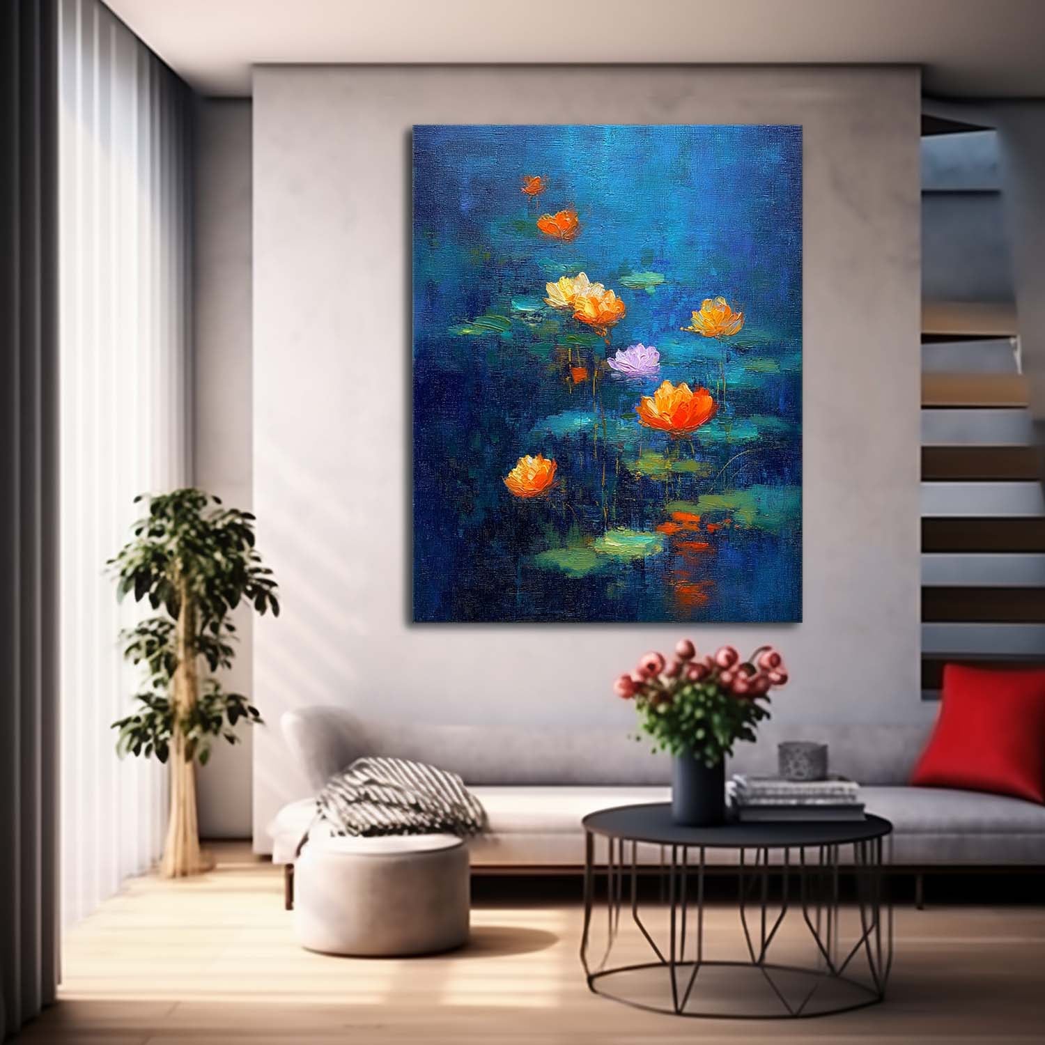 Blue Toned Abstract Lotus Flower Oil Painting on Canvas Modern Wall Art Hand-Painted Lotus Pond Artwork
