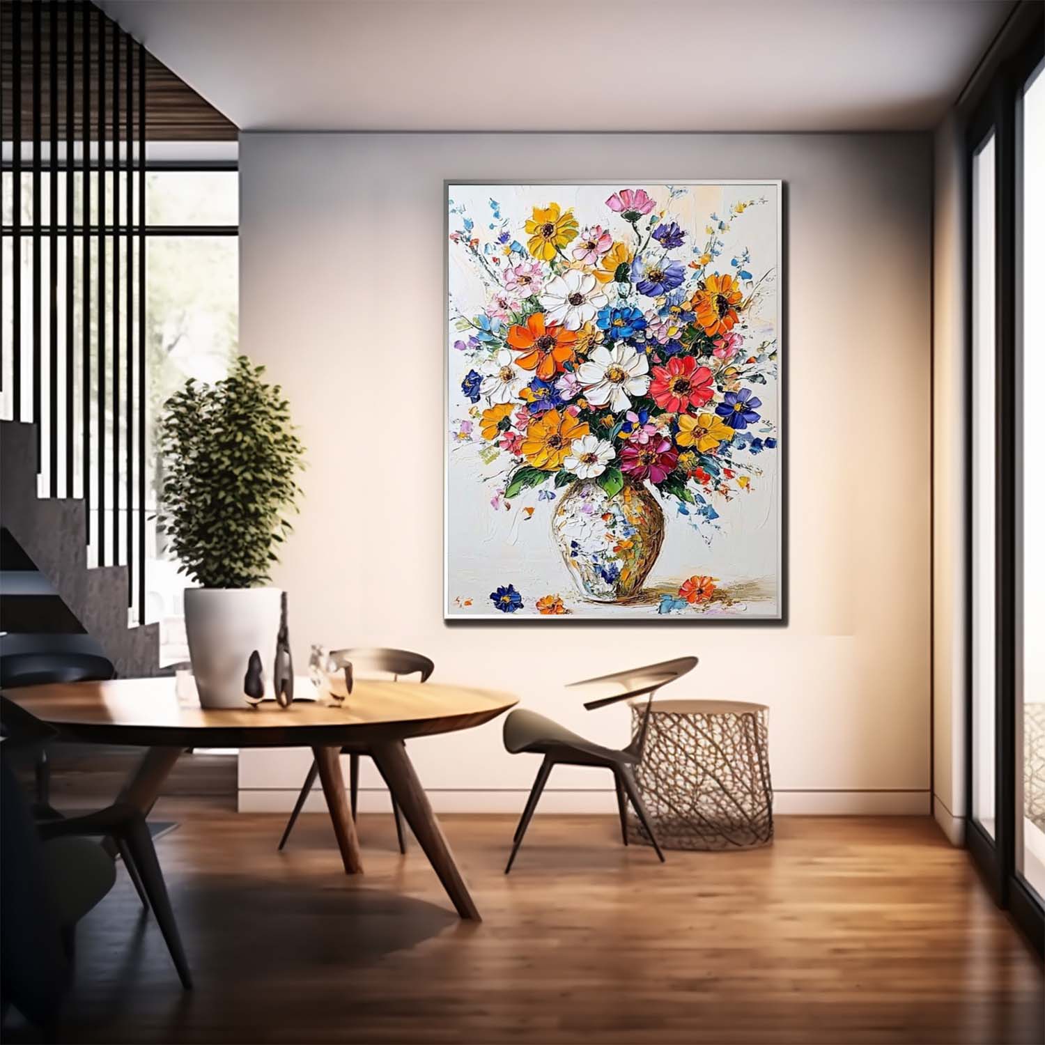 Original Floral Painting Colorful Flowers Acrylic Painting Canvas Large Textured Vase Art For Living Room